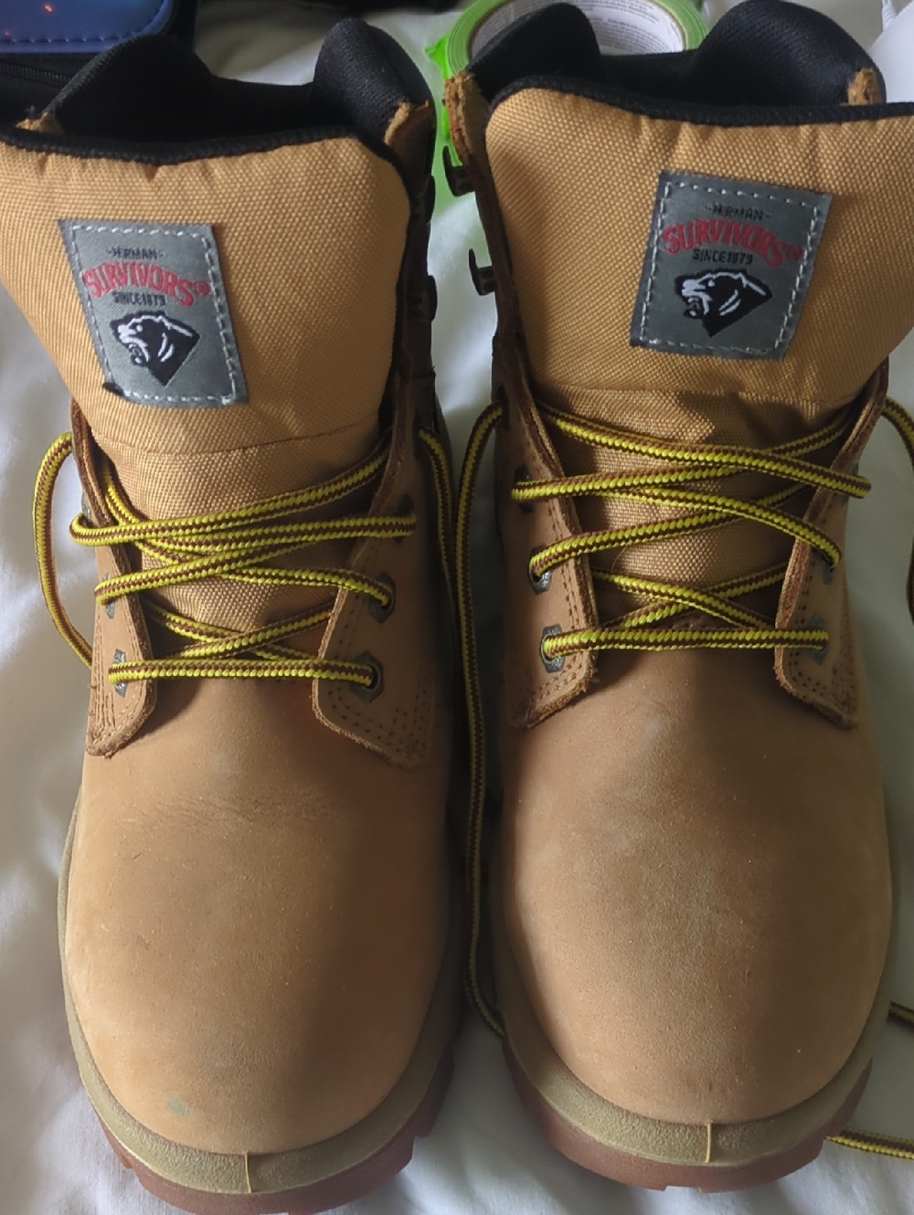 Herman Survivor Work-Style Tan Leather Boots with Yellow Laces
